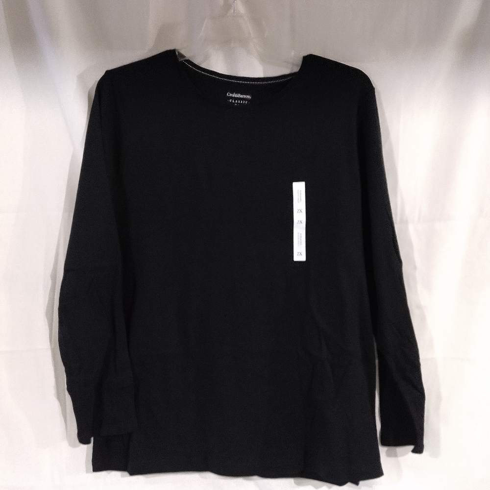 NEW Croft & Barrow Women's Black Cotton Crew Neck Long Sleeve Tee Size 2X
